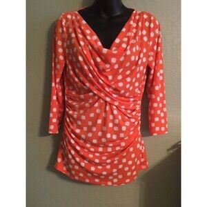 Vince Camuto Size S Women's  Orange White 3/4 Sleeve Drape Neck Rached Blouse